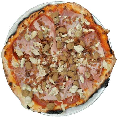 The Carnivorus Maximus (Pepperoni, Italian Sausage, Smoked Ham, Chicken, Bacon) The Carnivorus Maximus (Pepperoni, Italian Sausage, Smoked Ham, Chicken, Bacon)